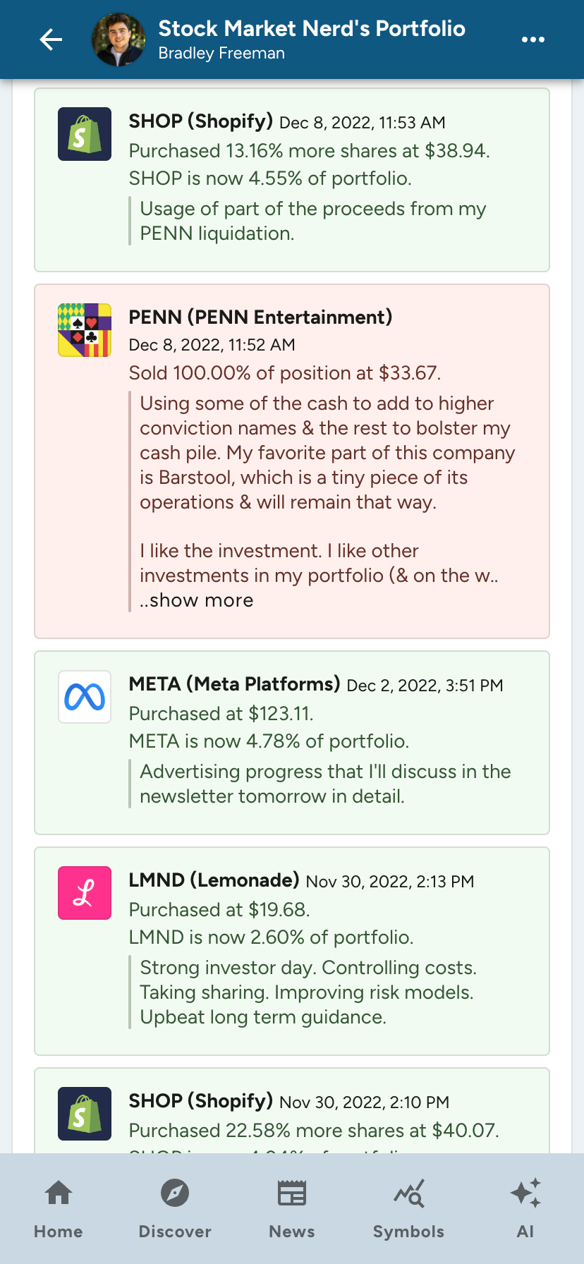 Mobile Portfolio History Screenshot